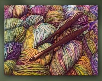 Malabrigo Luxury Wool Knitting Yarn & Crochet Hooks Stretched Canvas or Unframed Still Life Giclée Wall Art Print - Susan Maxwell Schmidt