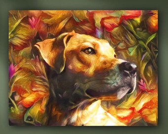 Yellow Labrador Retriever Stretched Canvas or Unframed Goodest Dog Pet Portrait Oil Painting Giclée Wall Art Print in Red, Green & Gold