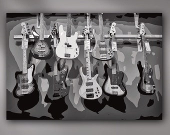 Fender, Ibanez, Epiphone and Jackson Bass Guitars Mounted Metal or Unframed Giclée Music Pop Art Print in Black, White & Gray