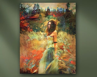 Woman in Flower Meadow Stretched Canvas or Unframed Romantic Portrait Oil Painting Giclée Wall Art Print in Coral, Green and Beige