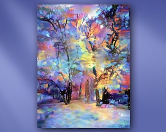 Colorful Trees at Sunset Stretched Canvas or Unframed Fall Woodland Oil Painting Giclée Wall Art Print in Pastel Blue, Yellow & Red