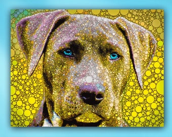 Blue Lacy Dog Pop Art Metal or Unframed Contemporary Pointillist Pet Portrait Giclée Wall Art Print in Yellow, Blue & Gray