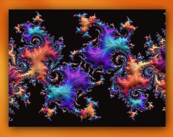 Fractal Fall Leaves Metal or Unframed Colorful Contemporary Abstract Giclée Wall Art Print in Aqua Blue, Purple & Orange on Black