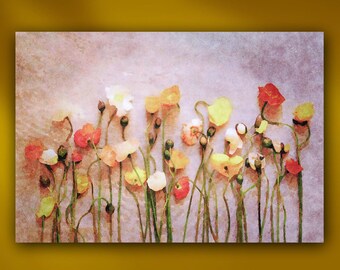 Poppy Flowers on Linen Stretched Canvas or Unframed Giclée Floral Watercolor Still Life Painting Wall Art Print in Coral, Yellow & Beige