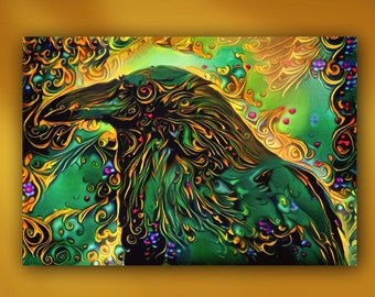 Odin's Raven Stretched Canvas or Unframed Giclée Norse Mythology Pop Art Print in Black, Green and Yellow