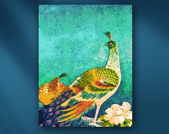 Peacock and Peahen Stretched Canvas or Unframed Vintage Japanese Kimono Oil Painting Giclée Wall Art Print in Turquoise Blue, Brown & Green