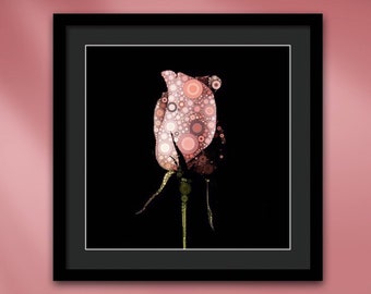 Pink Rose Bud with Taupe Champagne Bubbles on Black Framed Modern Pointillist Giclée Wall Art Print 18.5" Square - Susan Maxwell Schmidt