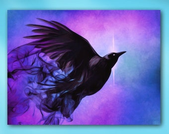 Raven Spirit Animal Metal or Unframed Soft Pastel Fantasy Ethereal Flying Bird Giclée Wall Art Print in Black, Blue & Purple in 8 Sizes