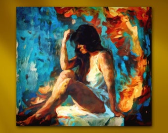 Woman Sitting in Sunlight Stretched Canvas Expressionist Portrait Painting Giclée Wall Art Print in Blue & Brown 20" - Susan Maxwell Schmidt