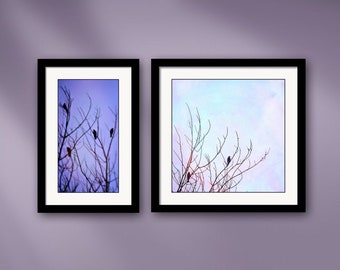 Birds in Trees Diptych Framed Minimalist Nature Photography Giclée Wall Art Print Set in Pastel Blue & Purple 16.5" - Susan Maxwell Schmidt