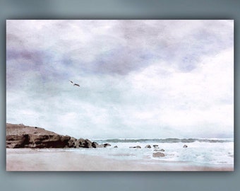 Ocean Surf and Flying Seagull Stretched Canvas or Unframed Minimalist Watercolor Landscape Giclée Wall Art Print in Blue & Sea Green