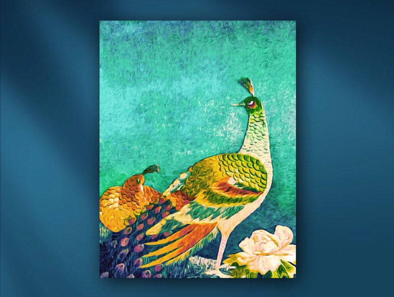 The Handsome Peacock Asian Oil Painting Stretched Canvas Wall Art Print by Susan Maxwell Schmidt