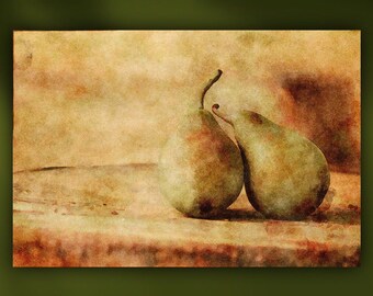 Rustic Fall Pears on Wood Kitchen Table Stretched Canvas or Unframed Watercolor Kitchen Still Life Giclée Wall Art Print