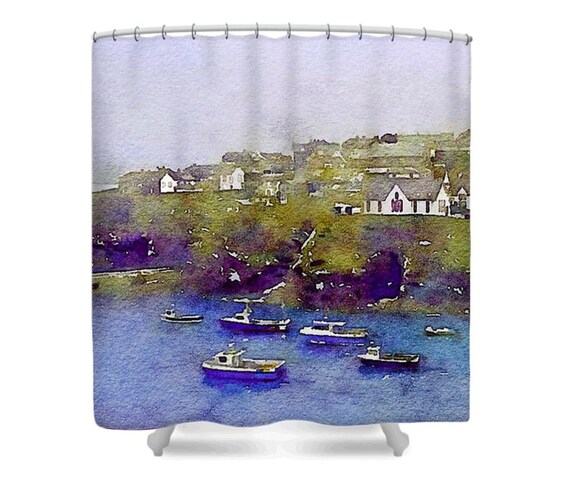 British Landscape Fabric Shower Curtain Blue Purple Green Image 0
