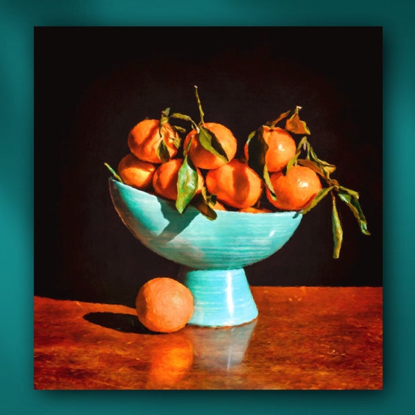 Bowl of Sun Kissed Tangerines Stretched Canvas or Unframed Giclée Still Life Oil Painting Kitchen Wall Art Print in Orange & Blue on Black