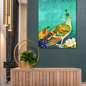 The Handsome Peacock Asian Oil Painting Stretched Canvas Wall Art Print by Susan Maxwell Schmidt