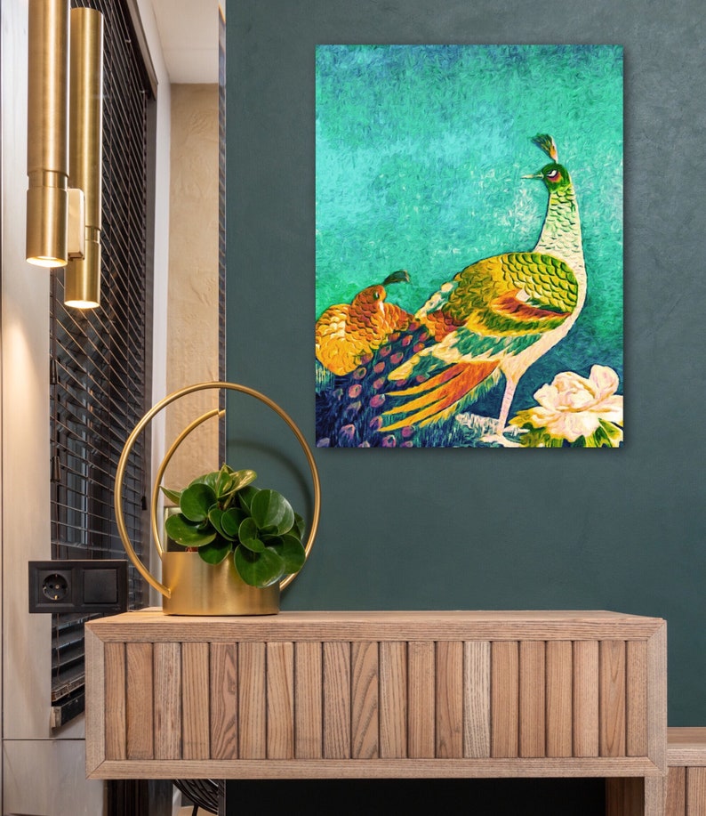 The Handsome Peacock Asian Oil Painting Stretched Canvas Wall Art Print by Susan Maxwell Schmidt