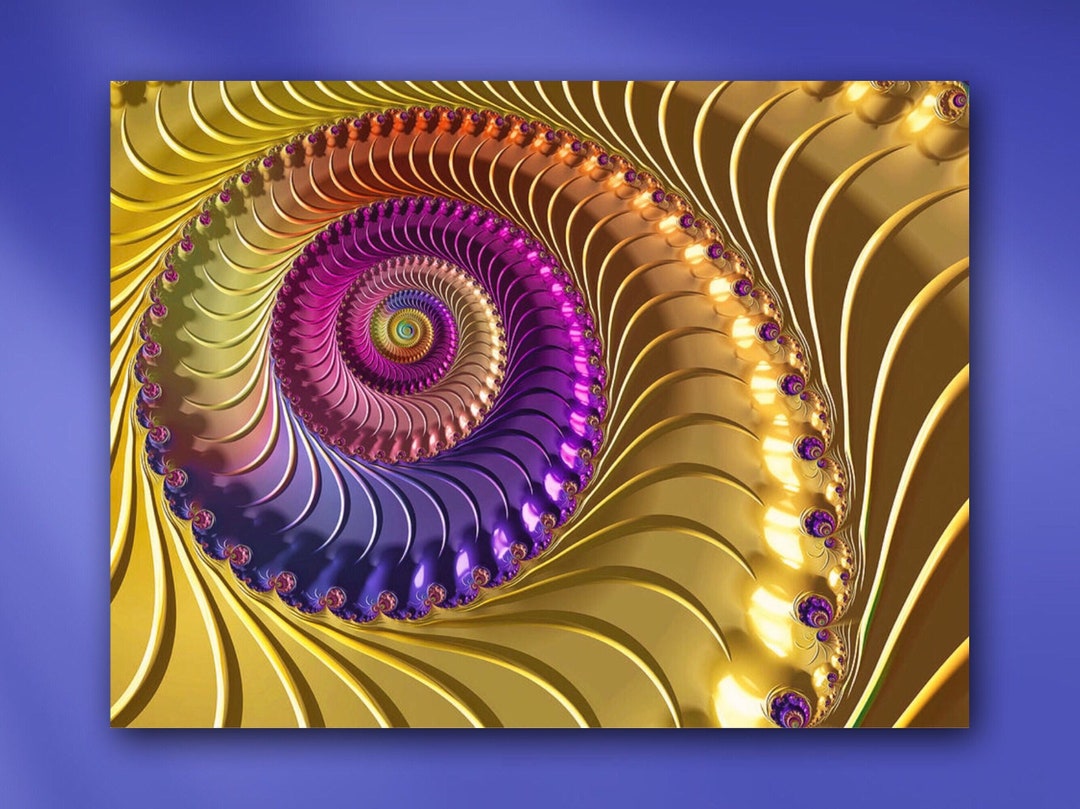 Rainbow Spiral Fractal With Yellow Background Mounted Metal