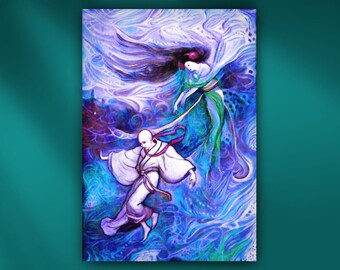 Green Willow Japanese Fairytale Stretched Canvas or Unframed Giclée Fantasy Oil Painting Wall Art Print in Blue, Purple & Red