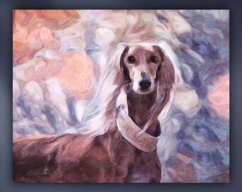 Saluki Sighthound Stretched Canvas or Unframed Giclée Watercolor Dog Pet Portrait Painting Wall Art Print in Blue, Taupe & Peach