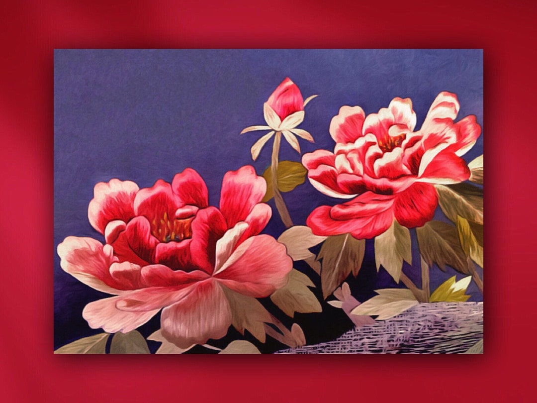 Japanese Peony Flowers Stretched Canvas or Unframed Asian Kimono Still ...