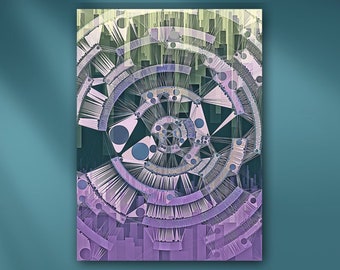 Geometric Machine Gears and Sprockets Mounted Metal or Unframed Giclée Industrial Wall Art Print in Blue, Purple & Green