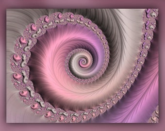 Velvety 3-D Spiral Fractal Mounted Metal or Unframed Giclée Geometric Abstract Wall Art Print in Ombré Pastel Pink, Gray & Purple