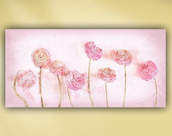 Pink Ranunculus in Watercolor Wide Floral Still Life Stretched Canvas or Unframed Giclée Wall Art Print