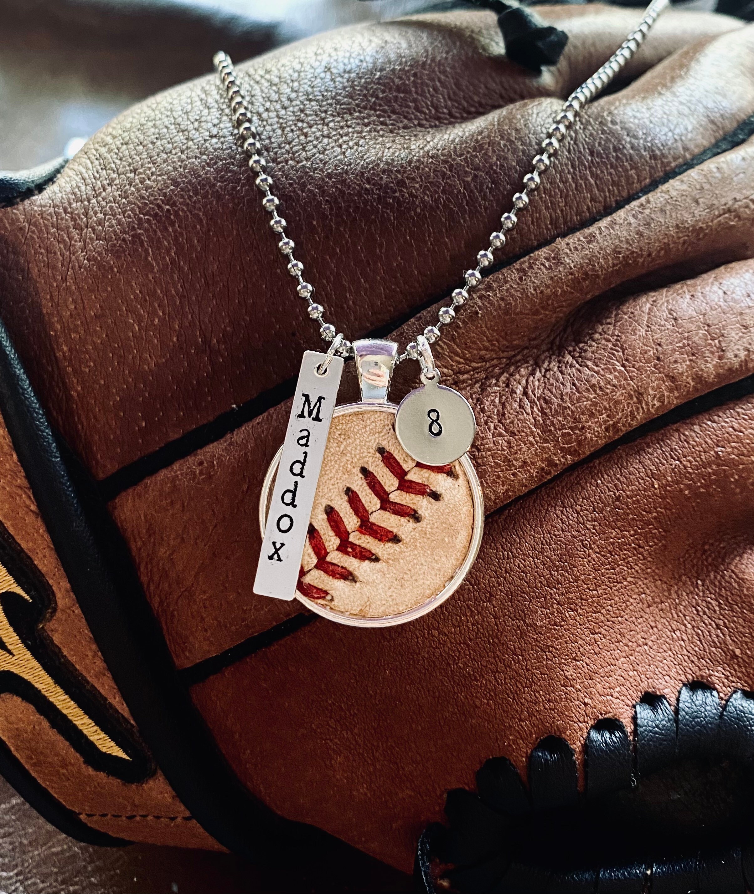 Baseball Necklace, made from real leather baseballs, can personalize,…