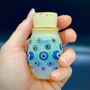 Evil Eye Glass Jar, Blue Glass Jar with Cork, Stash Jar, Glass Nug Jar, Hand Blown Glass Jar, Corked Jar, Hobnail Glassware