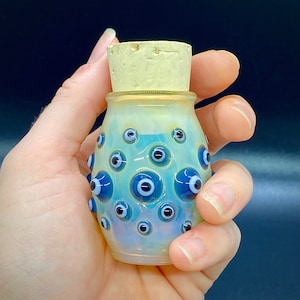 Evil Eye Glass Jar, Blue Glass Jar with Cork, Stash Jar, Glass Nug Jar, Hand Blown Glass Jar, Corked Jar, Hobnail Glassware