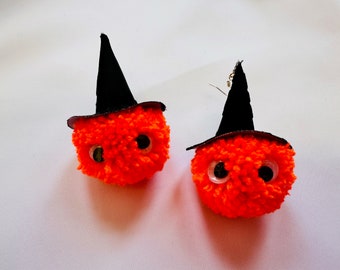 Halloween earrings,  pumpkin, witch, pom pom, orange earrings, fancy dress costume, hand made, scary, cute