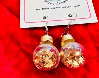 Christmas bauble gold star earrings, handmade, sterling silver, dainty, small, glass