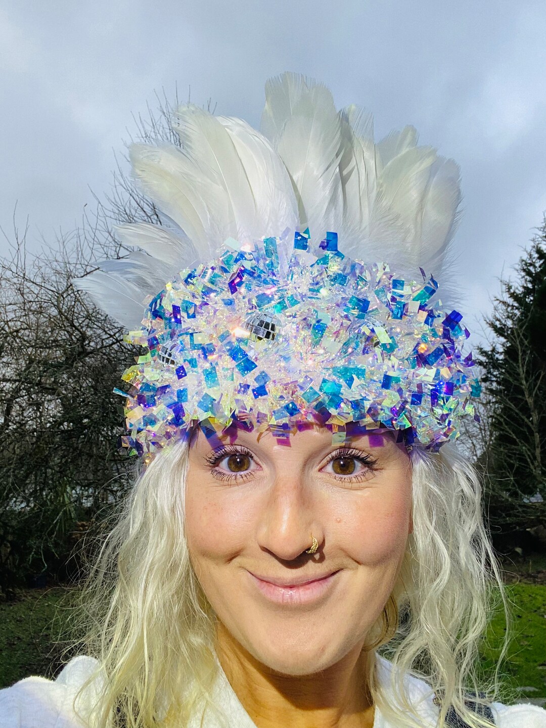 Disco Ball Time Headdress Festival Crown White Feather Etsy