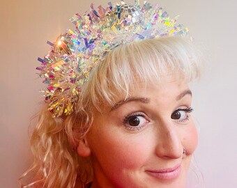 Disco time headband! Festival, mirror ball, disco ball, party, hair, fairy, tinsel, hen do, head wear, pantomime, iridescent, rainbow,silver