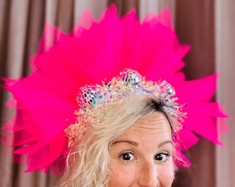 Disco ball Barbie pink net headband! Festival, tulle, mirror, neon, iridescent, tinsel, bright, sustainable, costume, fancy dress