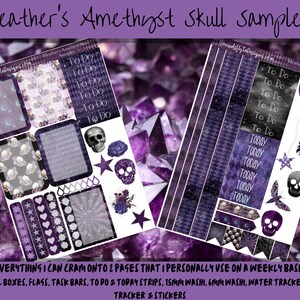 May include: A set of printable planner stickers featuring a purple amethyst and skull theme. The stickers include to-do lists, today lists, and decorative elements. The text "Heather's Amethyst Skull Samplers" is at the top of the image.