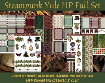 May include: A set of 6 pages of stickers, washi tape, boxes, task bars, mini boxes and flags in a steampunk Yule theme. The stickers feature a variety of designs, including gears, clocks, and holiday elements. The set is designed for use with Happy Planners and includes full-size boxes that are 1.5 inches by 2.25 inches.