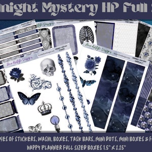 May include: A set of midnight mystery themed planner stickers, washi tape, boxes, task bars, mini dots, mini boxes and flags. The stickers feature a skull, a rose, a butterfly, a crown, a light bulb, and a string of pearls. The washi tape features a galaxy design with stars and a blue and white striped pattern. The boxes are in various sizes and shapes. The task bars are in a variety of colors. The mini dots are in a variety of colors and sizes. The mini boxes are in a variety of colors and sizes. The flags are in a variety of colors and sizes. The stickers are designed for use in a Happy Planner. The stickers are 1.5 inches by 2.25 inches.