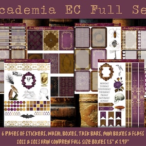 May include: A set of 6 pages of stickers, washi tape, boxes, task bars, mini boxes and flags in a burgundy, gold and black color scheme. The text "Academia EC Full Set" is at the top of the image. The text "2022 & 2023 Erin Condren Full Size Boxes 1.5" x 1.97" is at the bottom of the image.