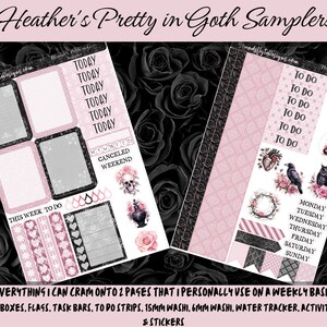 May include: A set of printable planner stickers in a gothic theme with black and pink accents. The stickers include a variety of designs, such as "Today", "To Do", "Canceled Weekend", and a skull with roses. The stickers are designed for use in a planner or journal.