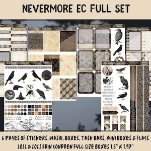 May include: A set of 6 pages of stickers, washi tape, boxes, task bars, mini boxes and flags with a black and white crow and lace theme. The full size boxes are 1.5 inches by 1.97 inches. The set is for 2022 and 2023 Erin Condren planners.