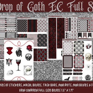 May include: A set of 6 pages of stickers, washi tape, boxes, task bars, mini dots, mini boxes and flags in a gothic theme. The full size boxes are 1.5 inches by 1.9 inches. The design features a black and red color scheme with a glittery background.