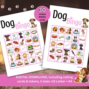 Dog Bingo, 30 Unique Bingo Cards Dog Theme, Dogs Bingo Game, Puppy Bingo Printable, Dog Birthday Party, Doglover Gift, Girls Dog Party Pink