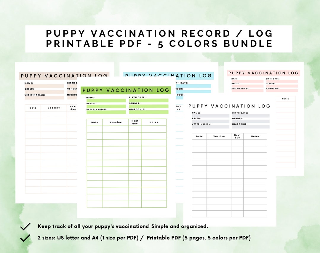 Puppy Vaccination Record Printable PDF 5 Color Bundle Puppy - Etsy
