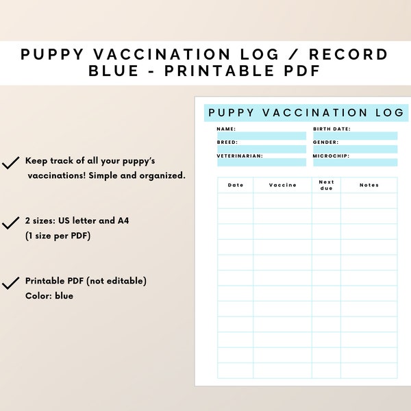 Puppy Vaccination Record | Puppy planner | Pet Vaccination Form | Dog Report Card | Dog vaccination record | Printable PDF Blue | Dog Lover