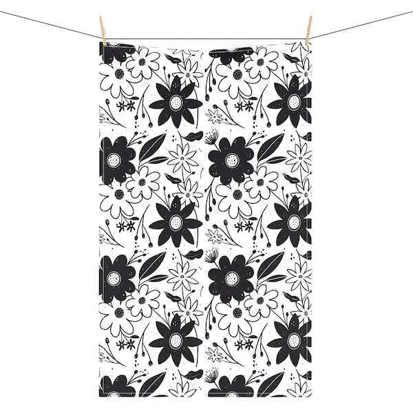 Flower Kitchen Towel, Black and White Floral Tea Towel, Daisy Wildflower Dish Towel, Modern Spring Summer Kitchen Decor, Mothers Day Gift