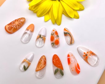Orange You Lovely Press On Nails | Luxury Nails | Handmade Set | Custom | 3D Nail Art | Almond Nails | False Nails