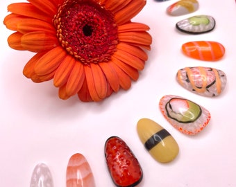 Sushi Please Press On Nails | Luxury Nails | Handmade Set | Custom | 3D Nail Art | Sushi Nails | Press On Nails