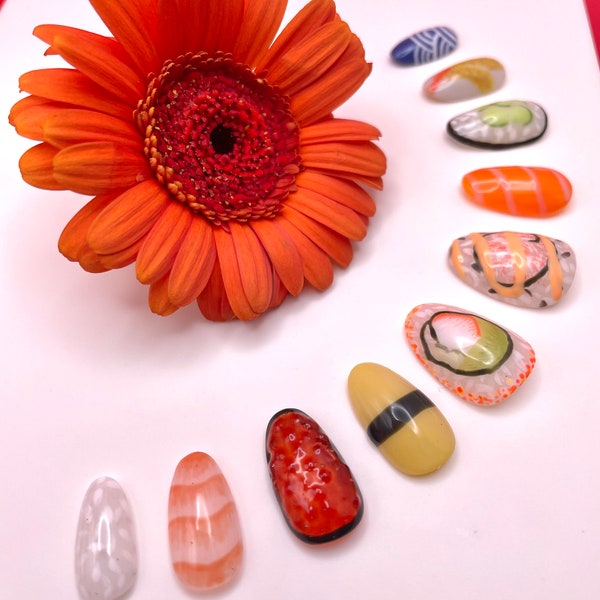 Sushi Please Press On Nails | Luxury Nails | Handmade Set | Custom | 3D Nail Art | Almond Nails | False Nails